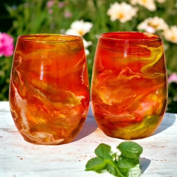 Hand Crafted Other - Orange Red & Gold/ Stemless Wine Set